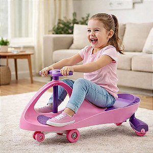 Carrinho De Rolimã Infantil Super Car Rosa 360° Com Led