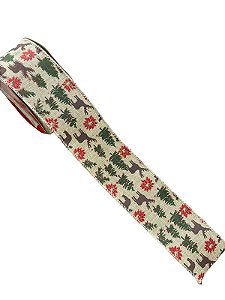 Fita aramada tecido estampada renas (bege) 6,3cmx9,14m