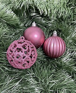 Bola natal decorada mista PVC 6cm com 6 unidades rose