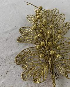 GALHO NATAL FOLHA C/GLITTER DOURADO 36cm