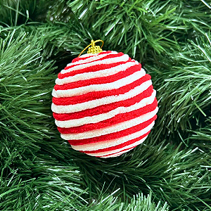 BOLAS NATAL LISTRAS VERMELHO COM BRANCO 8CM