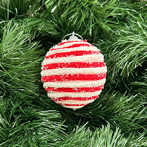 BOLA NATAL LISTRAS VERMELHO/BRANCO 8CM