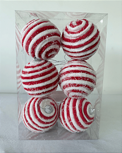 BOLA C/LISTRAS VERMELHO/BRANCO 8CM  JOGO C/6 PC