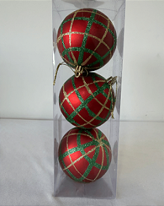BOLA DECORADA NATAL VERMELHO/VERDE C/3 UND 8CM