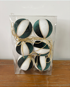 BOLA VELUDO BRANCO/VERDE 8CM JOGO C/6 UND