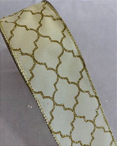 FITA ARAMADA CETIM  OFF WHITE/DOURADA 6,3cm x 9,14m