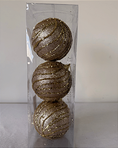 BOLA DECORADA NATAL C/3 UND 10 CM CHAMPANHE