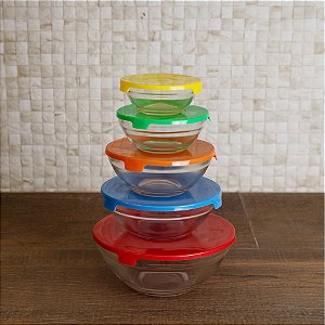 CONJUNTO 5 POTES DE VIDRO COM TAMPA DE PLASTICO