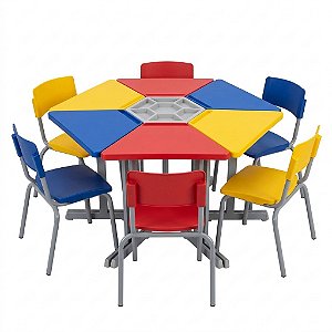 Conjunto Coletivo Trapézio Infantil/Juvenil 6 Mesa + 6 Cadeiras + Mesa Central | Linha Max CJ-TPZ03