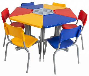 Conjunto Coletivo Trapézio Infantil/Juvenil 6 Mesa + 6 Cadeiras + Mesa Central | Linha Max CJ-TPZ03
