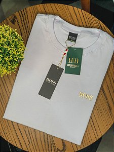 Camiseta HUGO BOSS Basic Branco Logo Emborrachado Ouro