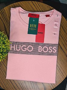 Camiseta HUGO BOSS Rosa Bebê Logo Emborrachado Preto