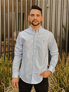 Camisa Ralph Lauren Manga Longa Oxford Azul Clara Mescla Pony Colorido