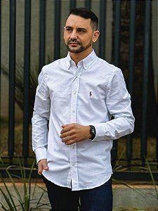 Camisa Ralph Lauren Manga Longa Oxford Branca Pony Colorido