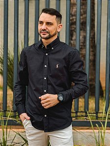 Camisa Ralph Lauren Manga Longa Oxford Preta Pony Colorido
