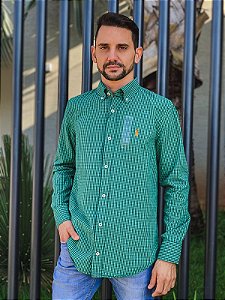 Camisa Ralph Lauren Masculina Custom Fit Micro Xadrez Verde Old Pony Laranja