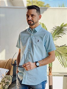 Camisa Ralph Lauren Masculina Manga Curta Custom Fit Micro Xadrez Azul Caribe Pony Bordô