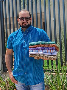 Camisa Ralph Lauren Masculina Manga Curta Custom Fit Micro Xadrez Azul Pony Colorido