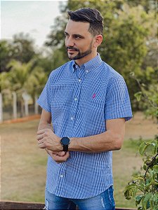 Camisa Ralph Lauren Masculina Manga Curta Custom Fit Micro Xadrez Azul Royal Pony Pink