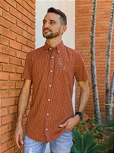 Camisa Ralph Lauren Masculina Manga Curta Custom Fit Micro Xadrez Laranja Pony Colorido