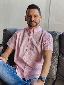 Camisa Ralph Lauren Masculina Manga Curta Custom Fit Micro Xadrez Rosa Bebê Pony Verde Água