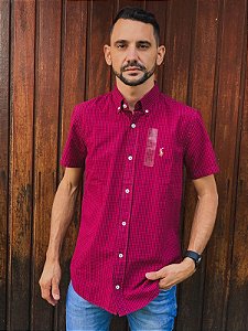 Camisa Ralph Lauren Masculina Manga Curta Custom Fit Micro Xadrez Vermelho Rubi Pony Colorido