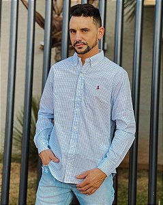 Camisa Ralph Lauren Masculina Manga Longa Custom Fit Micro Xadrez Azul Claro Pony Bordô