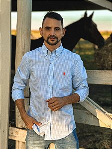 Camisa Ralph Lauren Masculina Manga Longa Custom Fit Micro Xadrez Azul Claro Pony Laranja
