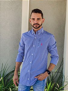Camisa Ralph Lauren Masculina Manga Longa Custom Fit Micro Xadrez Azul Royal Pony Pink
