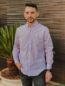 Camisa Ralph Lauren Masculina Manga Longa Custom Fit Micro Xadrez Lavanda Pony Azul Celeste