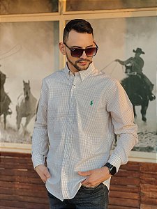 Camisa Ralph Lauren Masculina Manga Longa Custom Fit Micro Xadrez Palha Pony Verde