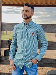 Camisa Ralph Lauren Masculina Manga Longa Custom Fit Micro Xadrez Verde Pony Laranja