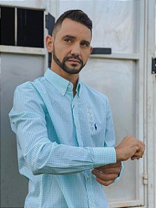 Camisa Ralph Lauren Manga Longa Micro Xadrez Verde Água Pony Azul