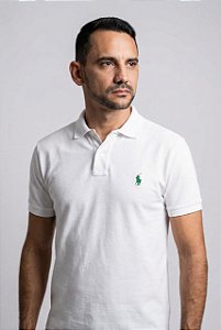 Camisa Polo Ralph Lauren Masculina Custom Fit Branco Pony Verde
