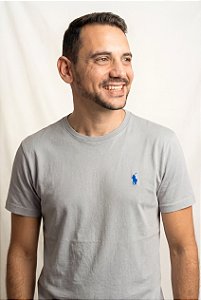 Camiseta Ralph Lauren Masculina Custom Slim Fit Prata Pony Azul