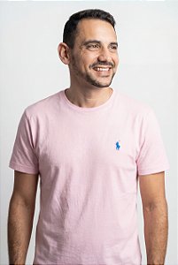 Camiseta Ralph Lauren Masculina Custom Slim Fit Rosa Bebê Pony Azul