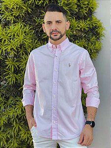 Camisa Ralph Lauren Manga Longa Oxford Rosa Bebê Pony Colorido