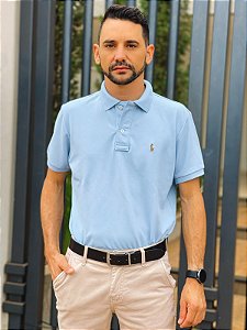 Camisa Polo Ralph Lauren Masculina Custom Fit Azul Bebê Pony Colorido