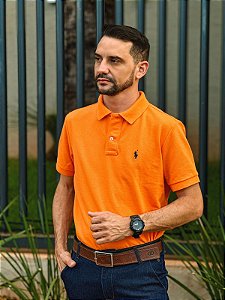 Camisa Polo Ralph Lauren Masculina Custom Fit Laranja Pony Azul Marinho