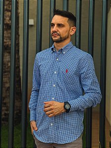 Camisa Ralph Lauren Masculina Manga Longa Custom Fit Micro Xadrez Azul Royal Pony Vermelho