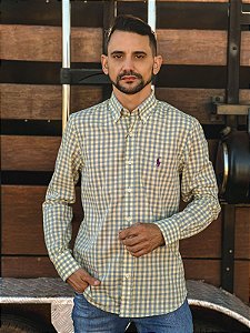 Camisa Ralph Lauren Masculina Manga Longa Custom Fit Xadrez Médio Amarelo Bebê Pony Roxo