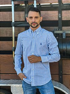 Camisa Ralph Lauren Masculina Manga Longa Custom Fit Xadrez Médio Azul Bebê Pony Azul Bic