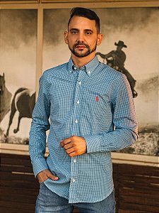 Camisa Ralph Lauren Masculina Manga Longa Custom Fit Xadrez Milimetrado Azul Profundo Pony Coral
