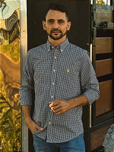 Camisa Ralph Lauren Masculina Manga Longa Custom Fit Micro Xadrez Preta Pony Amarelo
