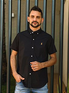 Camisa Ralph Lauren Masculina Manga Curta Custom Fit Oxford Preta Pony Dourado