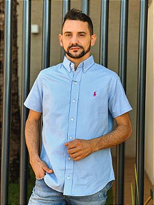 Camisa Ralph Lauren Masculina Manga Curta Custom Fit Oxford Azul Céu Pony Pink