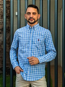 Camisa Ralph Lauren Masculina Manga Longa Custom Fit Xadrez Espaçado Azul Claro Pony Bordô
