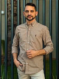 Camisa Ralph Lauren Masculina Manga Longa Custom Fit Xadrez Mini Quadros Aveia Pony Marrom