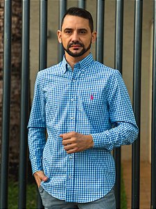 Camisa Ralph Lauren Masculina Manga Longa Custom Fit Xadrez Pequeno Azul C/ Azul Céu Pony Pink