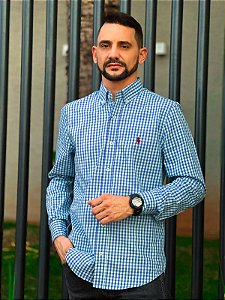 Camisa Ralph Lauren Masculina Manga Longa Custom Fit Xadrez Pequeno Verde Piscina C/ Azul Pony Bordô